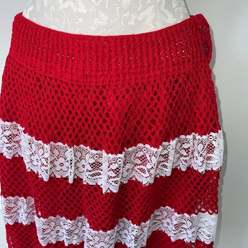 Vintage Womens Crochet Lace Skirt Size Large Fully Lined Red White Midi Button - Picture 9 of 13
